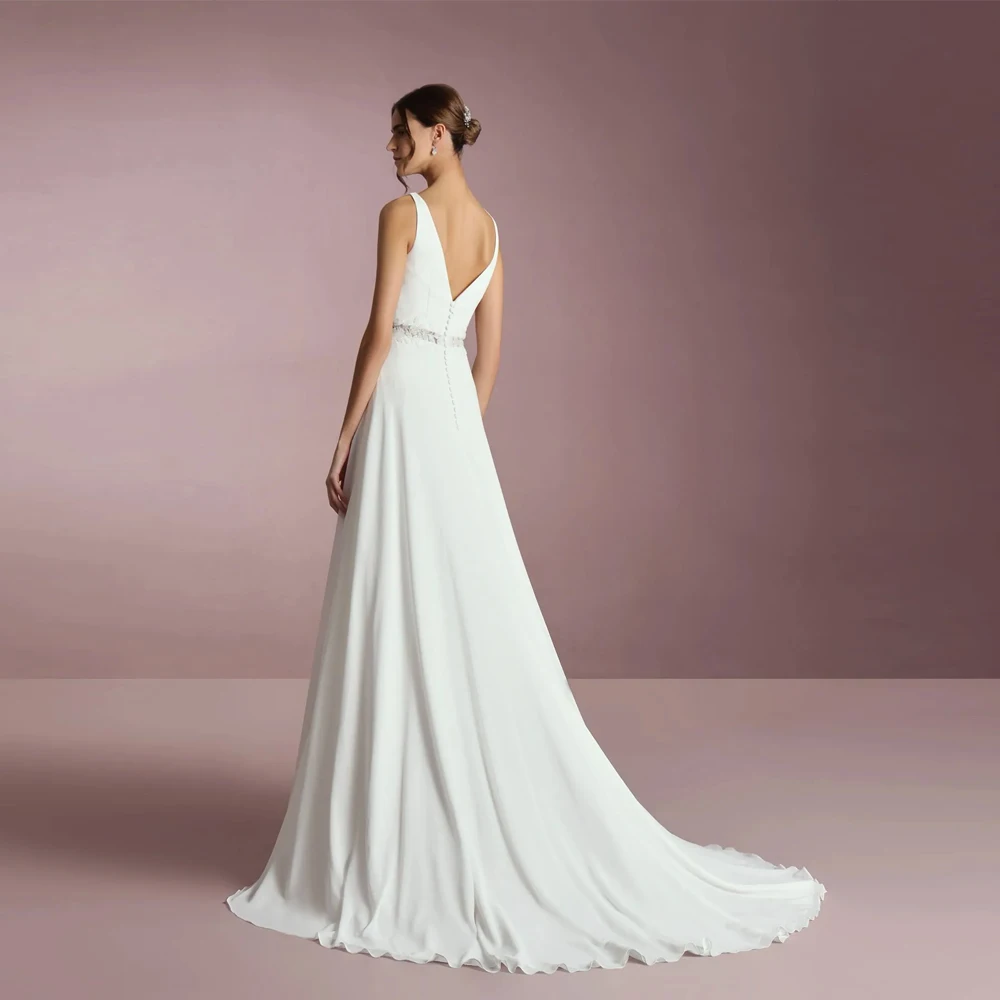 モダンな幅広ストラップのウェディングドレス、Vネック、ブライダル、V字型のバック、カスタムビーズ、フロア丈、スイープトレイン、ベスティドス・デ・ノビア
