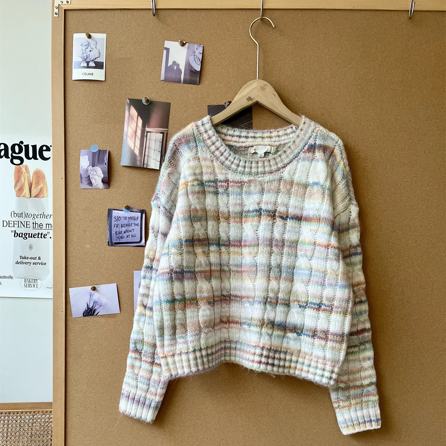 

Вязаный свободный круглый свитер в радужную полоску Sweet Sle, универсальный удобный длинный светящийся осенне-зимний термотрикотаж