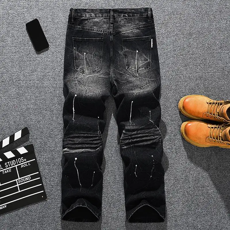 

Spring American heavyweight brand splashed ink dot paint loose straight leg jeans for men, wide leg black pants