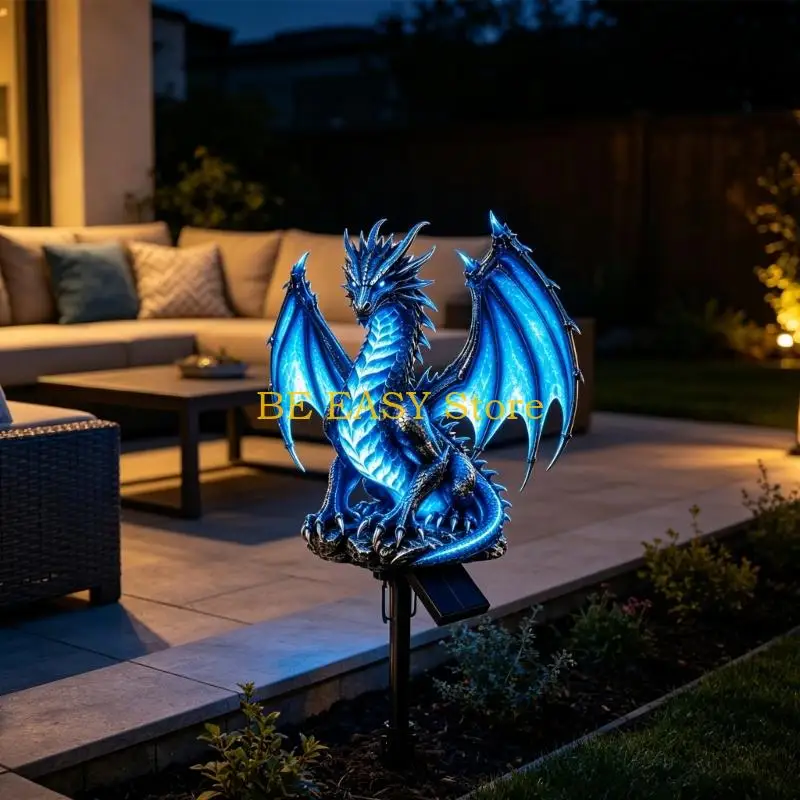 E28F Garden Gift Dragon Lawn Lamp with Resin Figure, Solar Panel, Soil Pick Placement, Outdoor Statue Lamp for Home Garden