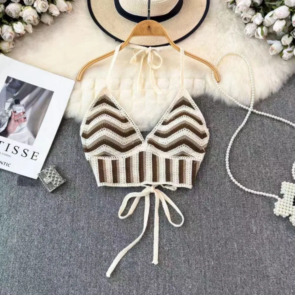 Fashion Knitted Bohemian Crochet Top Hollow Out Backless Striped Tank Top Ethnic Style Sexy Halter Top Women