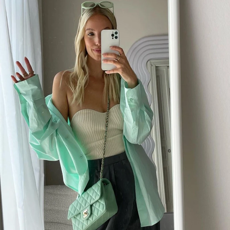 

Ladies Loose Fit Long Sleeve Cotton Shirt Sun Protection Casual Commute Style Pure Color Collar Button up Top