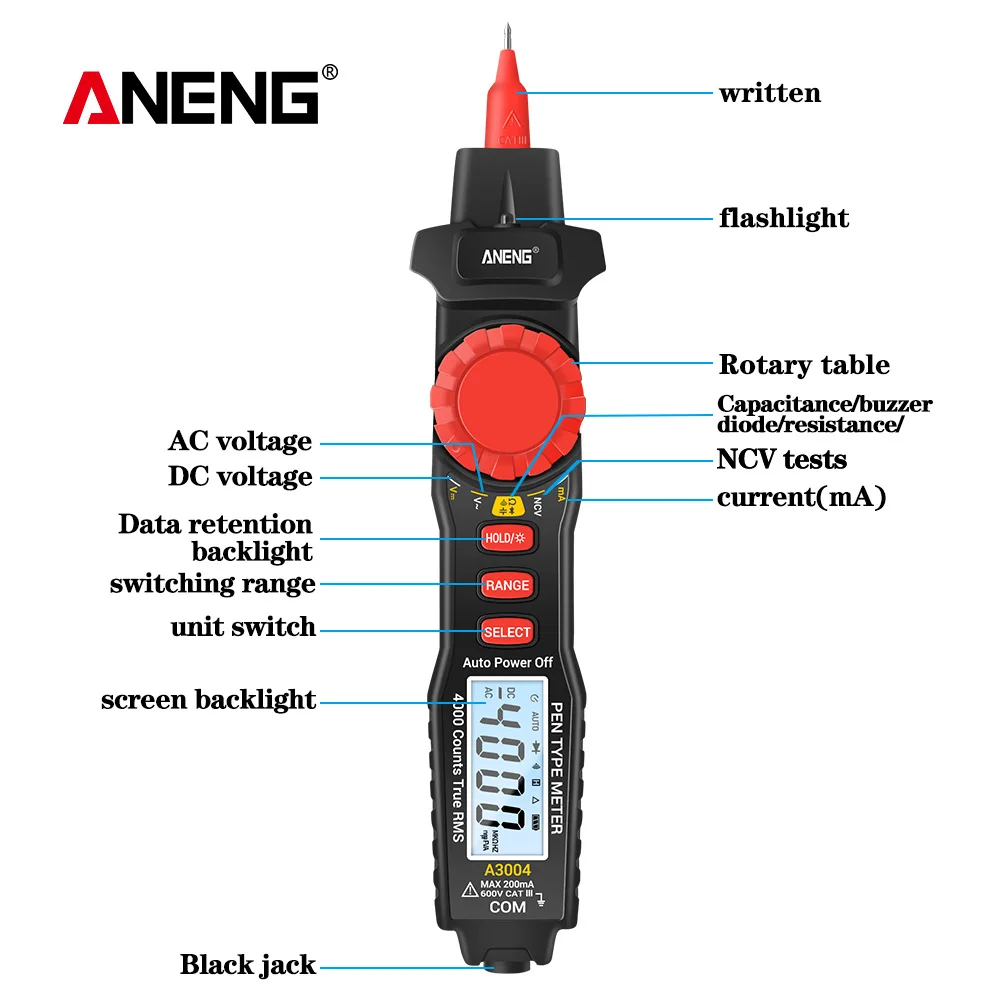 ANENG A3004 multimetro tipo di penna misuratore 4000 conteggi senza contatto AC/DC resistenza di tensione capacità diodo strumento Tester di