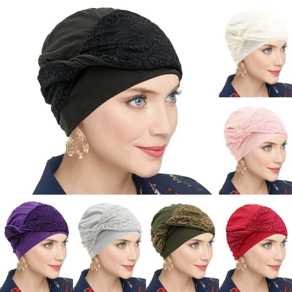 

Trendy Breathable Headscarf Hat Elastic Elegant Chemo Headwear Lace Cross Design Soft Pullover Hat for Women