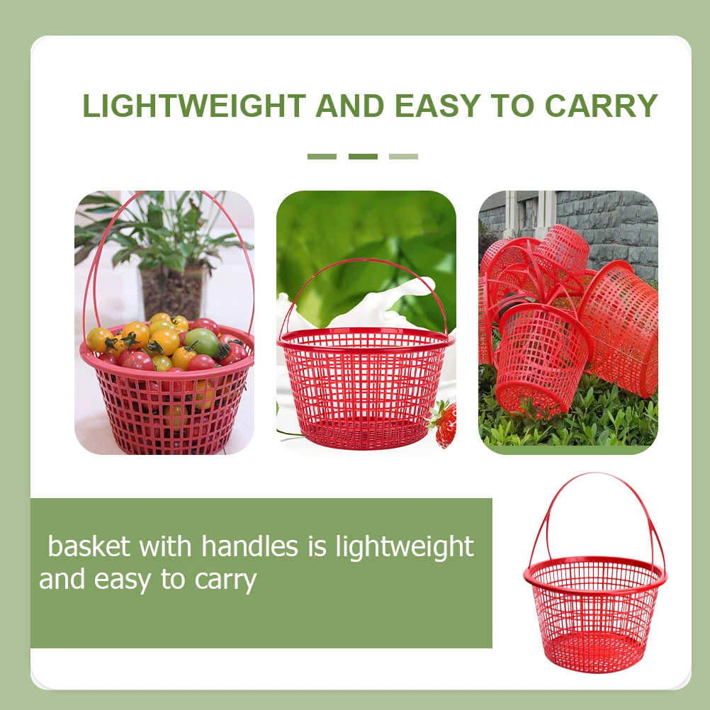 

10 Pcs Fruit Picking Basket Plastic Reusable 3kg Red Round Lightweight Handle Strawberries Blueberries Cherries