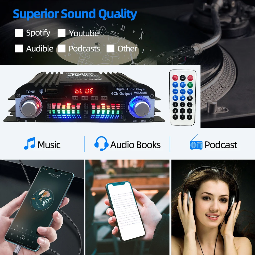 1600W Peak Power HiFi Sound Amplifier FM Radio USB Bluetooth-Compatible Karaoke Player Remote Control 4 Channel HiFi Stereo AMP