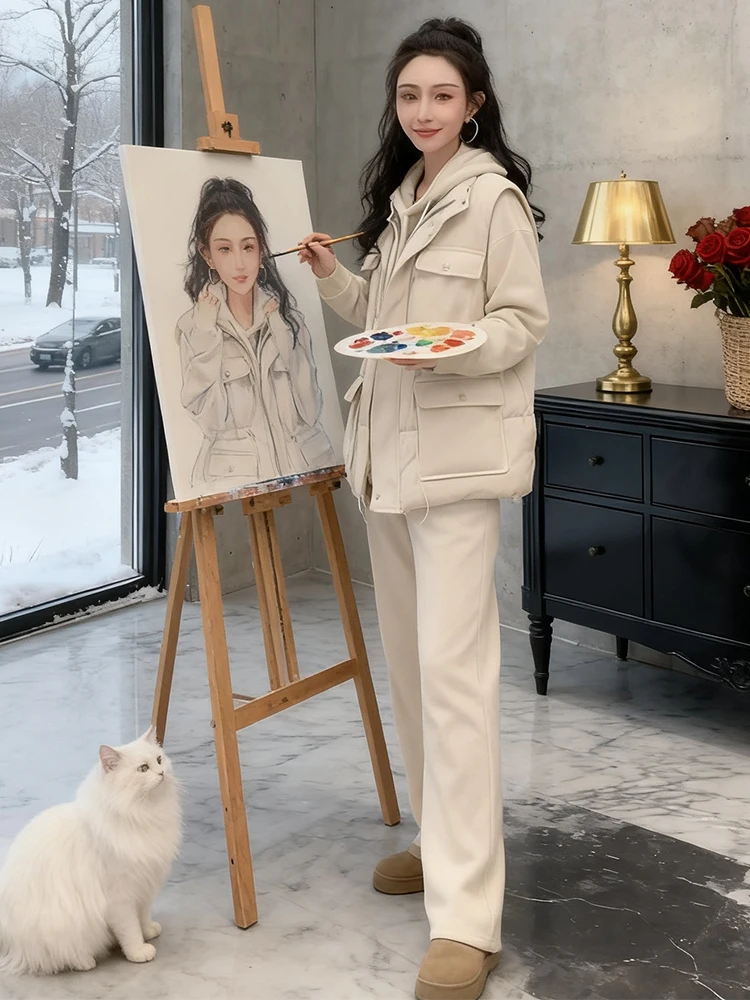 Conjunto de pantalones de pierna ancha Jaet de algodón con forro de Fce para mujer, conjunto de piezas de camiseta informal Spor Lazy Sle, recién llegado de invierno