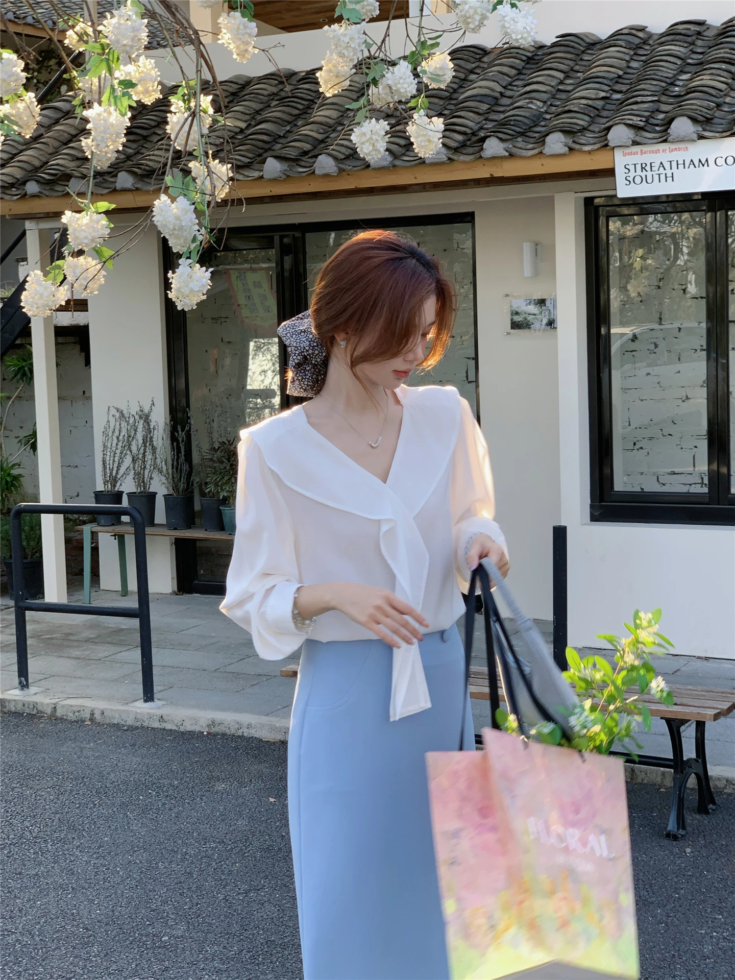 

Elegant Long Sleeve Cheesecake Style Women's Shirt Thin Chiffon Belted Korean Style Commute Loose Fit V-Neck Breathable