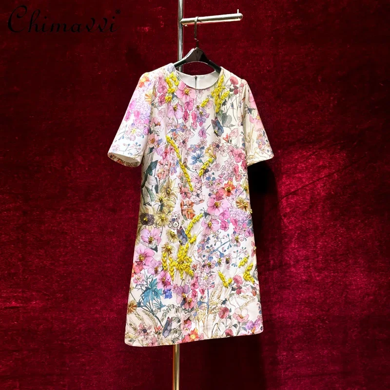 

High-end Heavy Bead Retro Floral Short-sleeved Loose Waist Dress Spring and Summer Fashion Printed Elegant Party Women's Dress