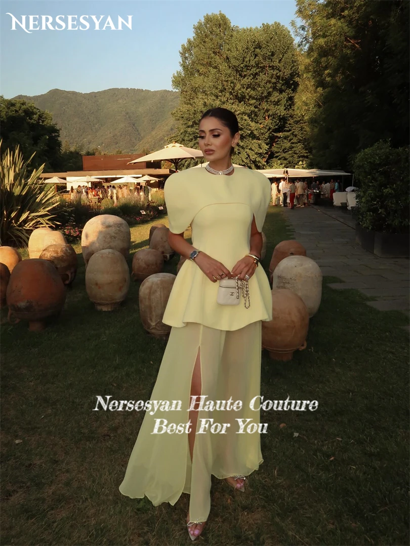 Nersesyan Yellow Luxury Prom Dresses Side Slit Ruffles Cap Sleeves Formal Evening Dress A Line Guest Party Gowns 2025 Customized