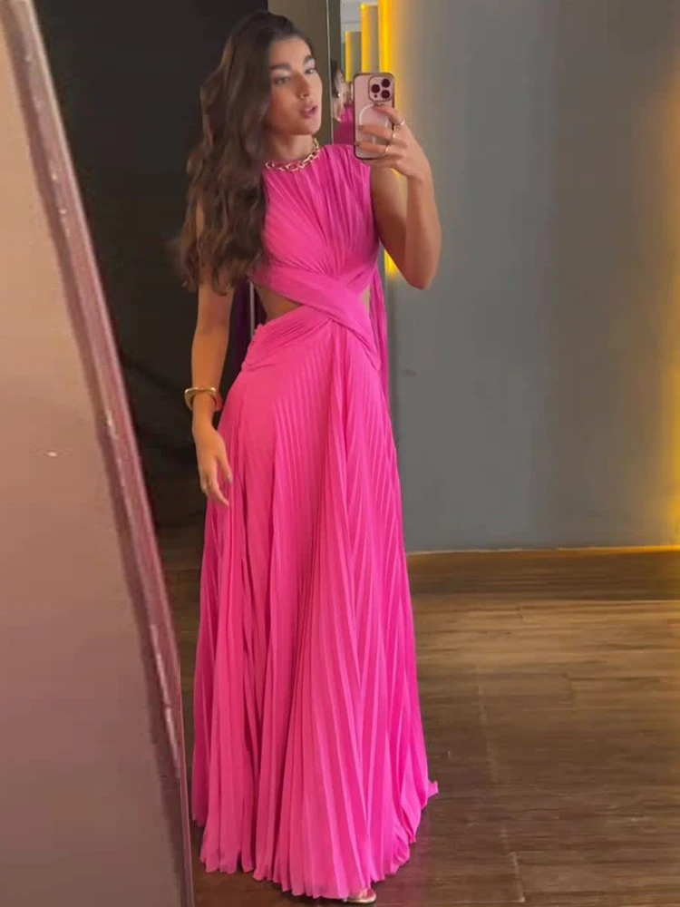 Sexy Hollow Out Long Party Dress Women Pleated Sleeveless Backless A-line Beach Dresses 2026 Summer Lady Chic Solid Holiday Robe