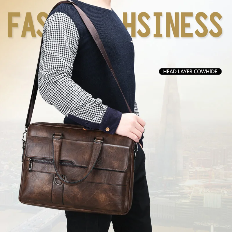 High Quality Men Briefcases Bag For 14 inch Laptop Business Travel Bags Handbags Leather Office Shoulder Bags For Man