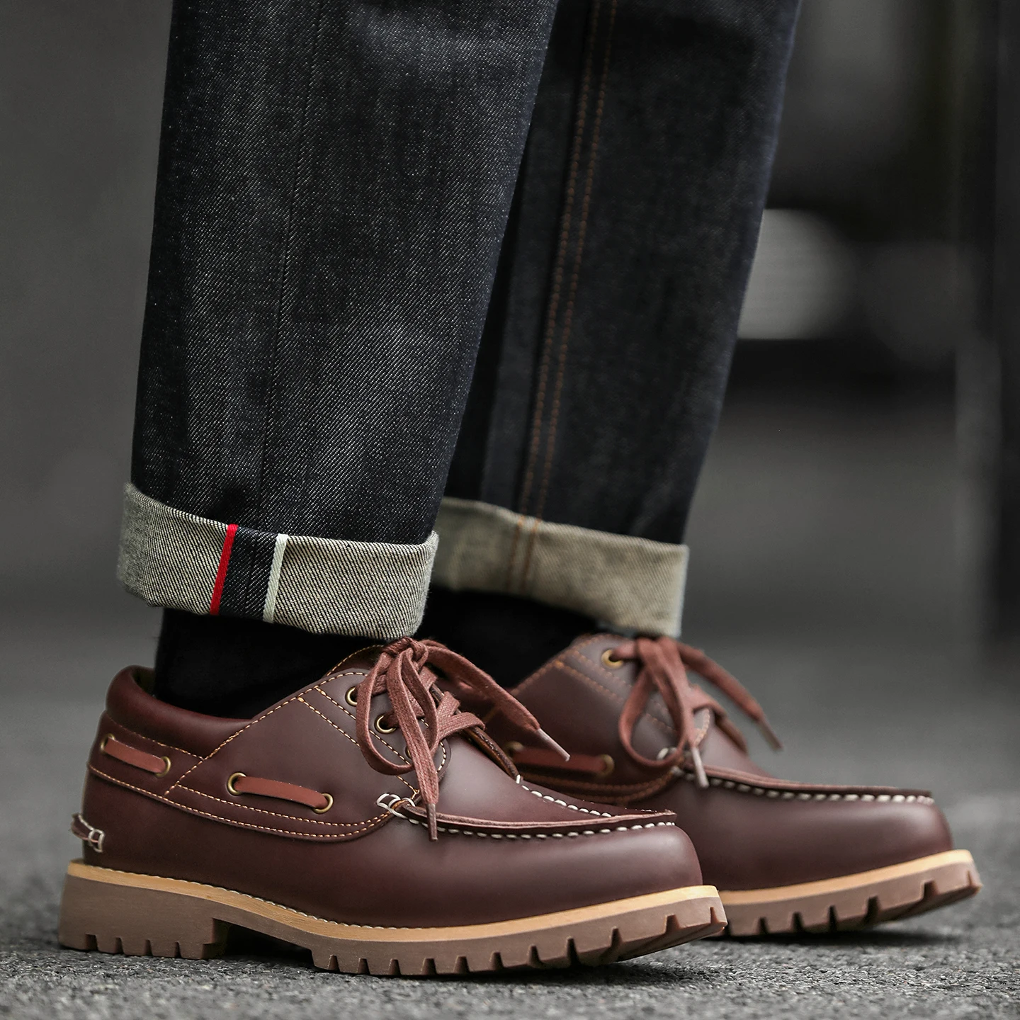 Owl City Men's Casual Boat Shoes Three-Eyed Workwear Leather Shoes Vintage Brown British Style Leisure Work Leather Shoes