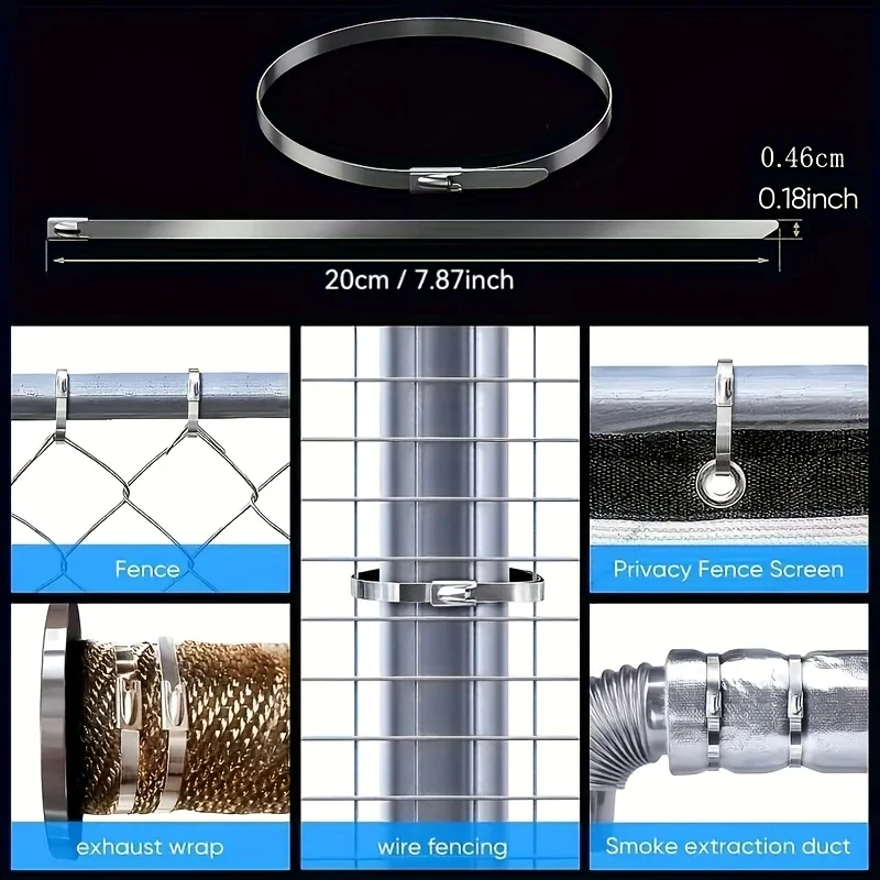 100 pieces, 7.9 inches heavy-duty stainless steel zipper - rust-proof, high-temperature resistant metal cable connector
