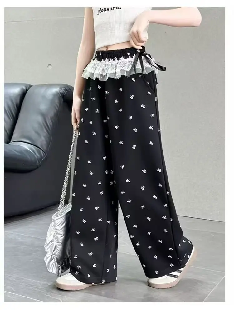 UNITIM Frühlingshosen mit Schleife für Mädchen, bedruckte Wide-Leg-Hosen für Teenager-Mädchen, lockere Kinderhosen, Freizeithosen für Kinder, 5–14 Jahre – Detail 6