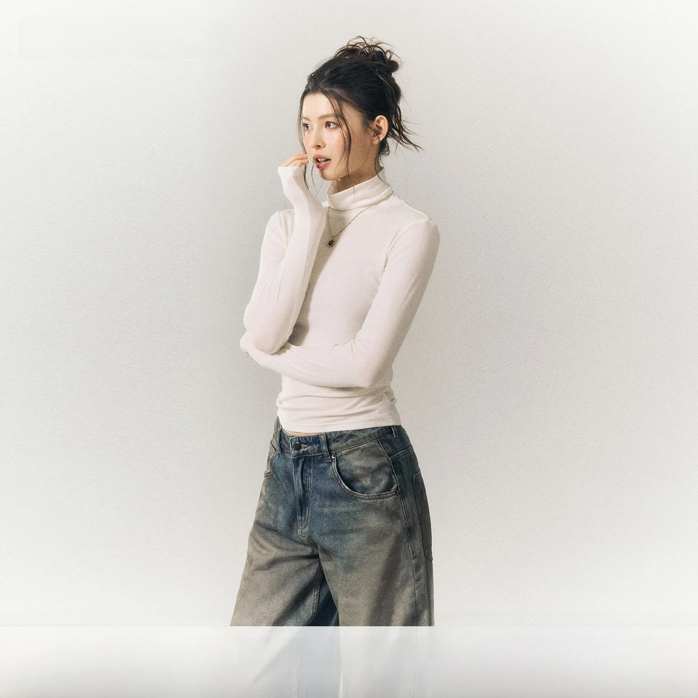 

SereneEase Pure Color Silk Wool Long Sve Women's High Collar Slim Fit Waist a Top Autumn New Sle Soft Blend Knitwear