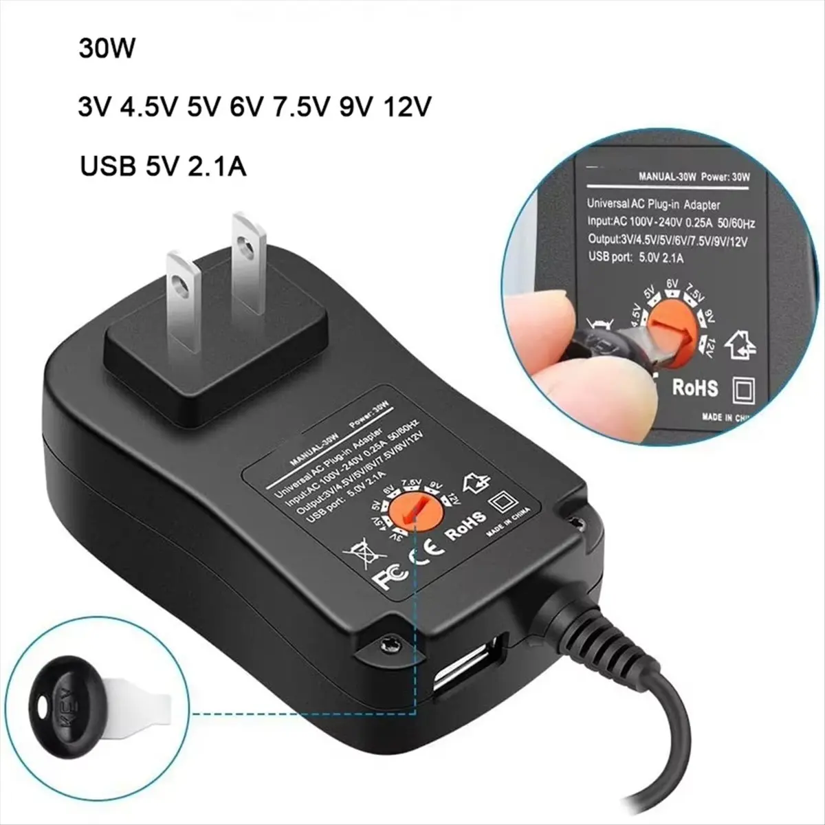 DC 3V 4.5V 5V 6V 7.5V 9V 12V 30W Adapter US Adjustable Power Adapters USB 2.1A Universal Charger Switch Power Supply
