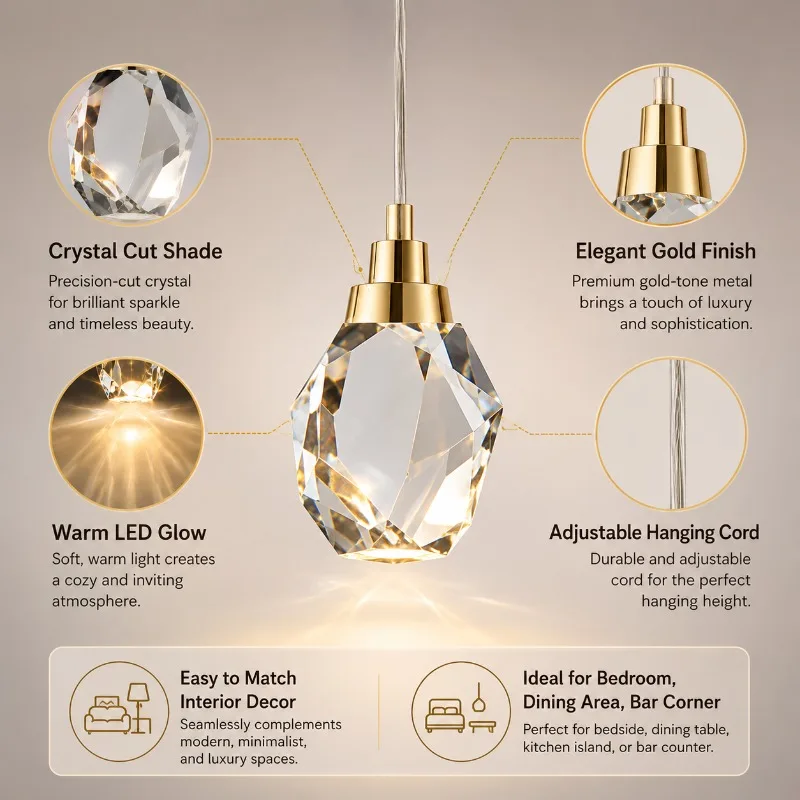 Modern Crystal Pendant Light Gold Black LED G9 Hanging Lamp for Bedroom Bedside Dining Room Kitchen Island Luxury Pendant Light