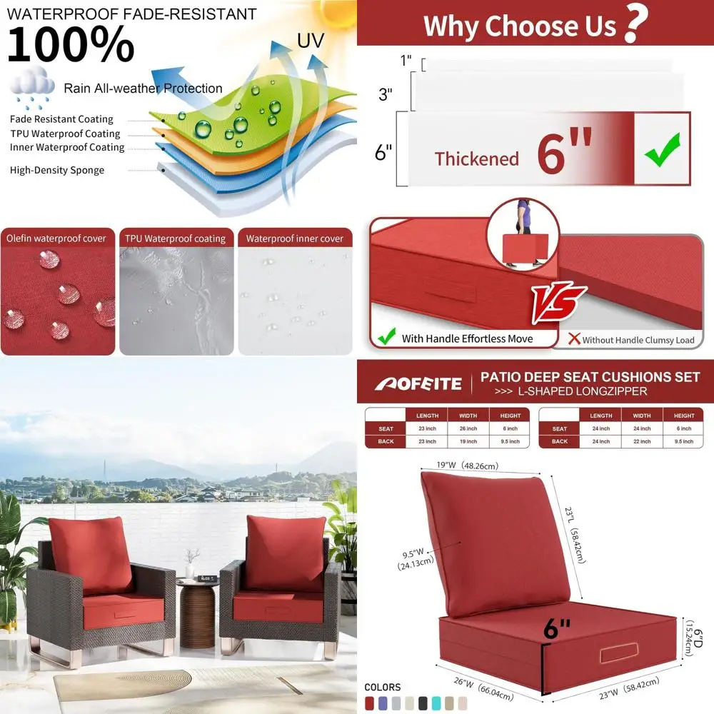 

Устойчивый к атмосферным воздействиям комплект глубоких подушек для сидений на открытом воздухе, 23x26x6, устойчивая к выцветанию подушка для сиденья для мебели для патио, утолщенная подушка для дивана и стула с