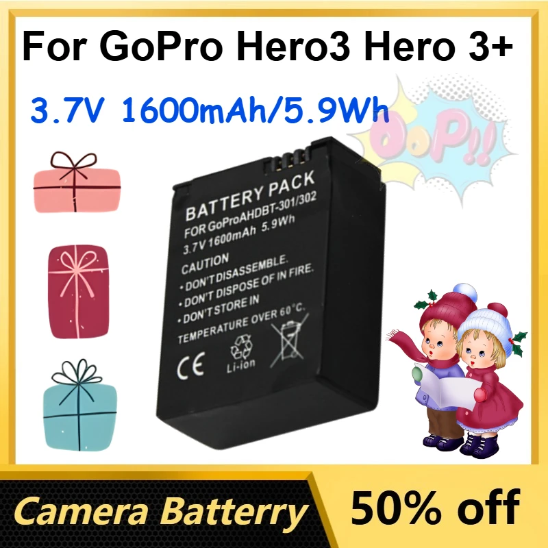 2 Pcs 3.7V 1600mAh/5.9Wh AHDBT-301 AHDBT-302 Li-Ion Battery for GoPro Hero3 Hero 3+ Digital Camera Batteries