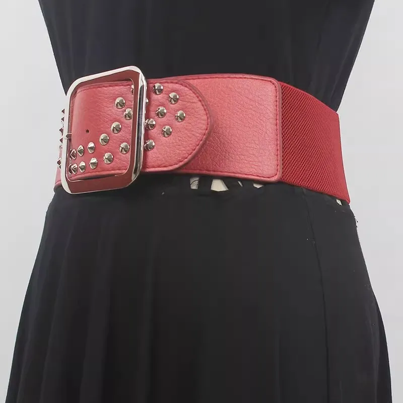 Women\'s Runway Fashion Rivet PU Leather Elastic Cummerbunds Female Dress Corsets Waistband Belts Decoration Wide Belt R858