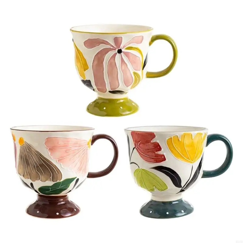 

Hand Engraved Flower Ceramic Coffee Mugs With Retro Design Large Capacity Microwave Safe For Office Home Use B03E