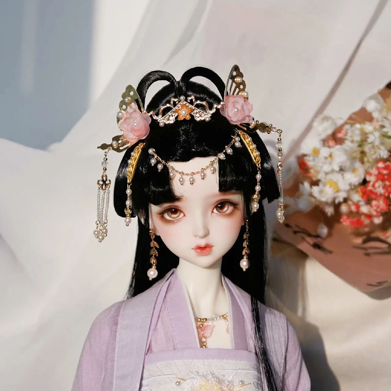 Doll Accessories 1/3 BJD Crown Antique Tiara Earring “Butterfly Dance” Headdress Set