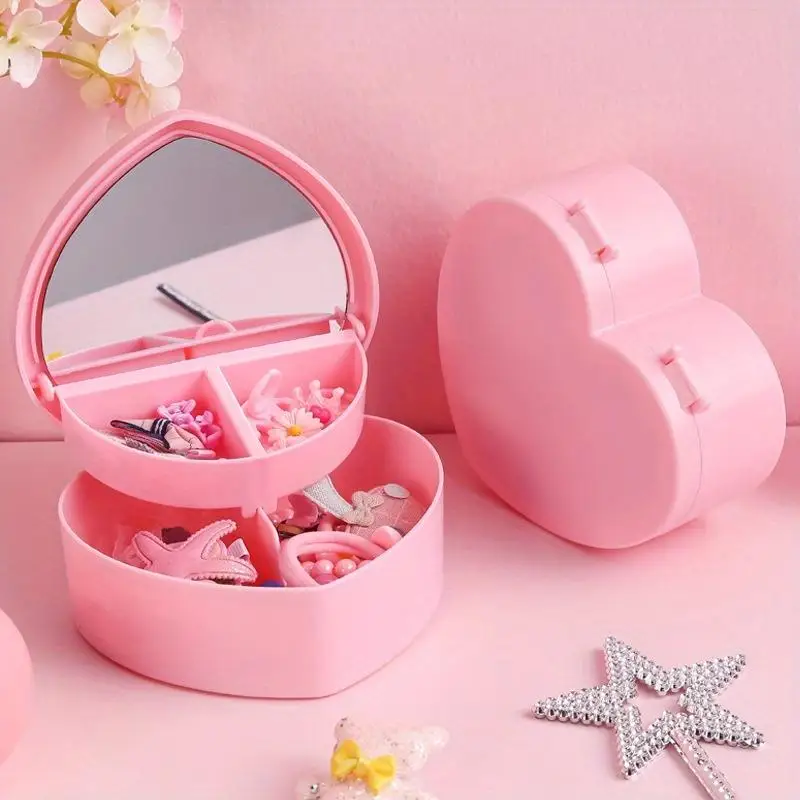 1pc Pink Girl's Heart Makeup Jewelry Storage Box Desktop Love Double-layer Mirror Organizer