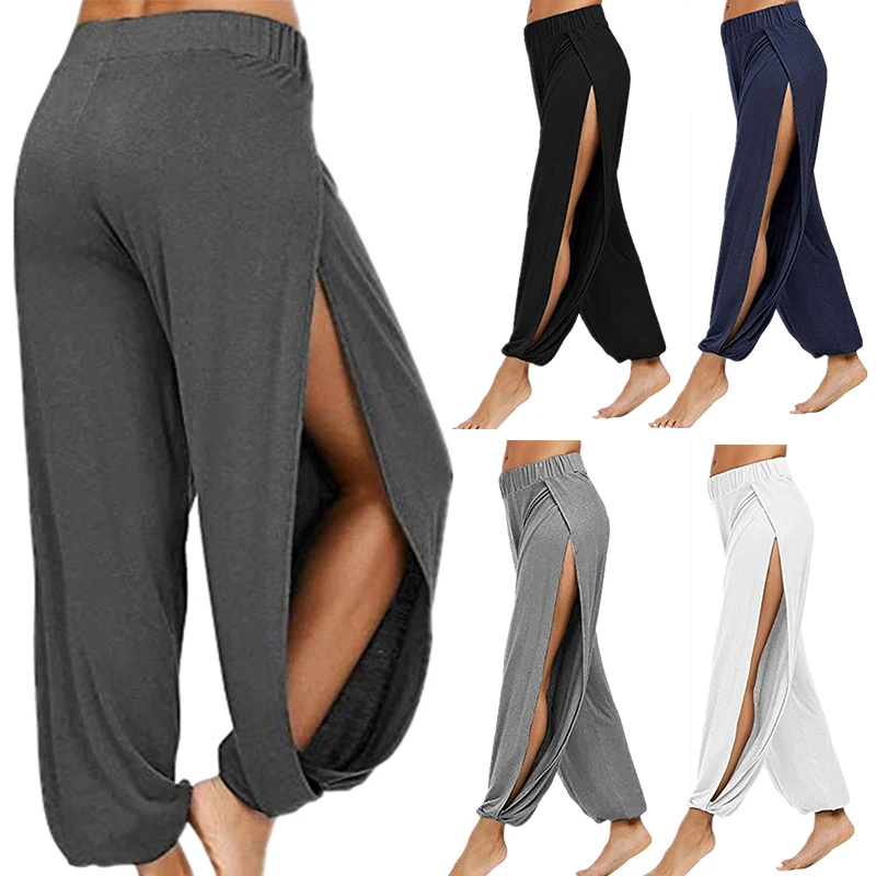 Women Fashion Yoga Pants High Waisted Slit Wide Leg Haren Pants Gym Leggings Casual Solid Hollow Workout Trousers Gym Home Wear