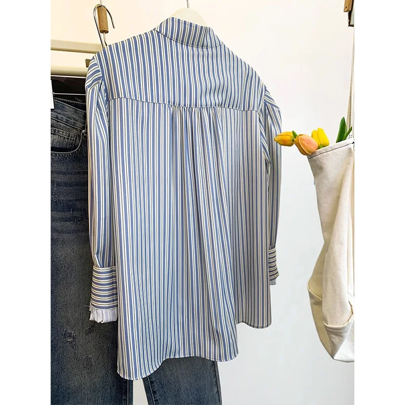 Femme Primavera Estate Moda coreana Colletto con stampa bottoni Camicia da donna Semplicità Cardigan a maniche lunghe a righe alla moda