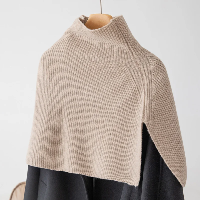 

Women 100% Wool Short Poncho Turtleneck Shawl Wraps Thick Ribs Knitted Accessories Cape Soft Wool Scarf Neck Warmer Cappa