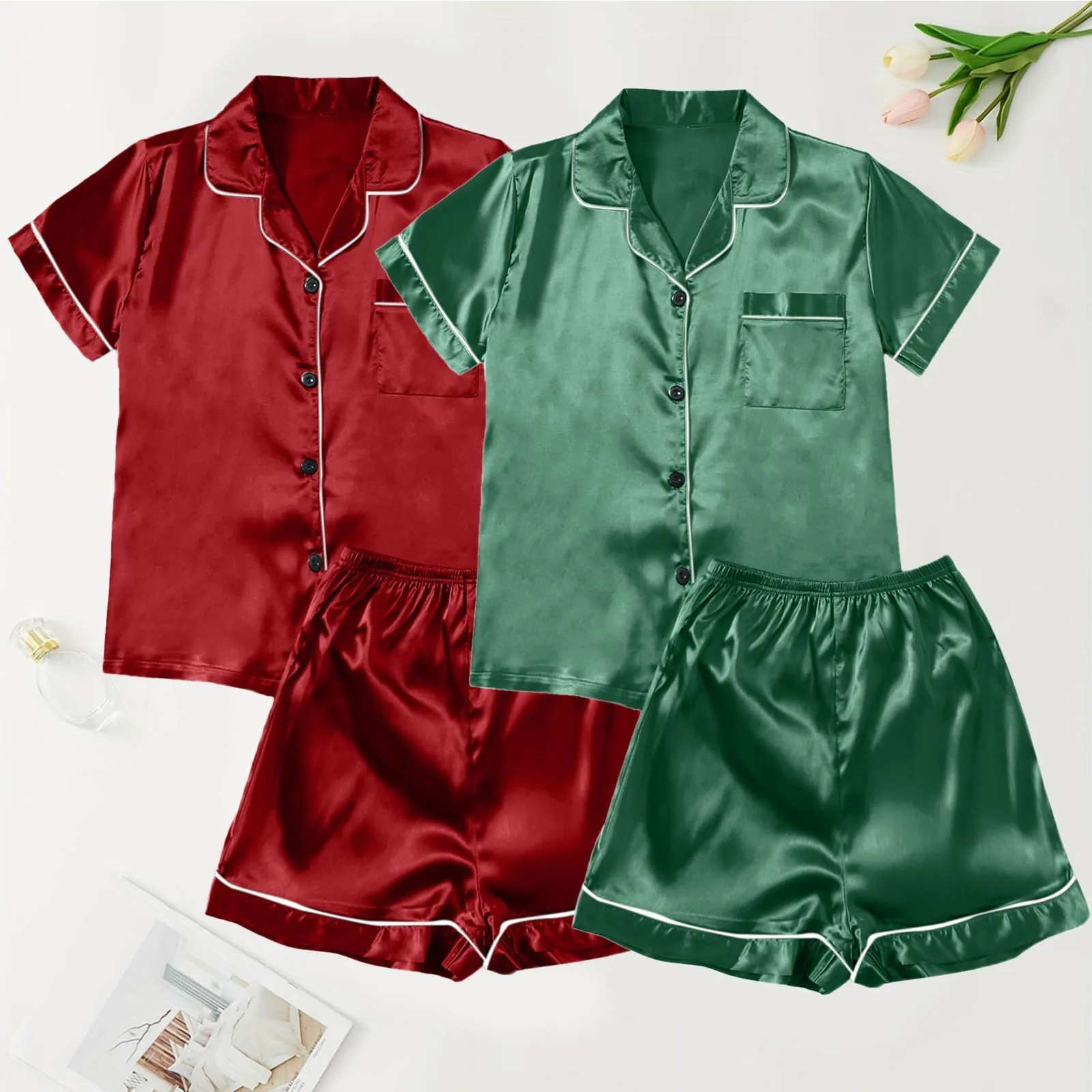 Conjunto de pijamas de seda para mulheres, pijamas respiráveis, shorts de manga curta, secagem rápida, vestido noturno, camisa de calças, pijamas, 4 peças