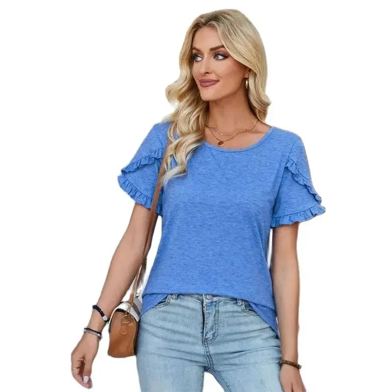 

Sweet Style Petal Short Sleeves T-Shirt Women Summer Solid Color O Neck Pullover Tops Elegant Female Commuter Casual Loose Tees