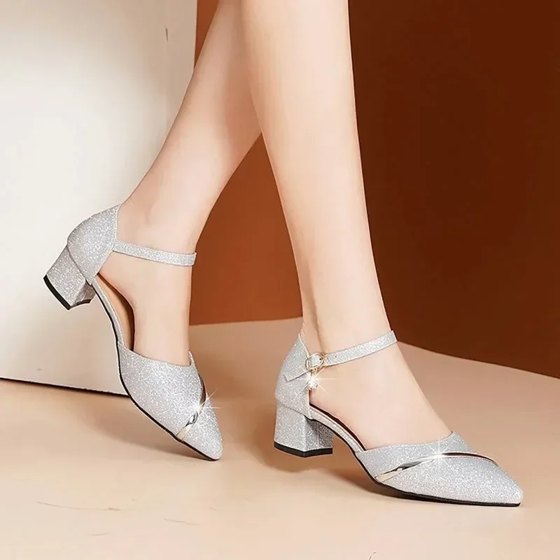 2024 New Women Low Heels Shoes Women\'s Sandals Glitter Silver Pointed Toe Buckle Party  For Sandalias