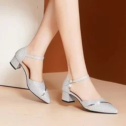 2024 New Women Low Heels Shoes Women's Sandals Glitter Silver Pointed Toe Buckle Party  For Sandalias