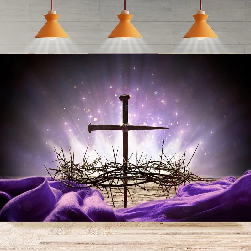 

Jesus Photography Backdrop Wreath Of Thorns with King Crown Nails Background Easter Resurrection Home Party Backdrop Wall Banner