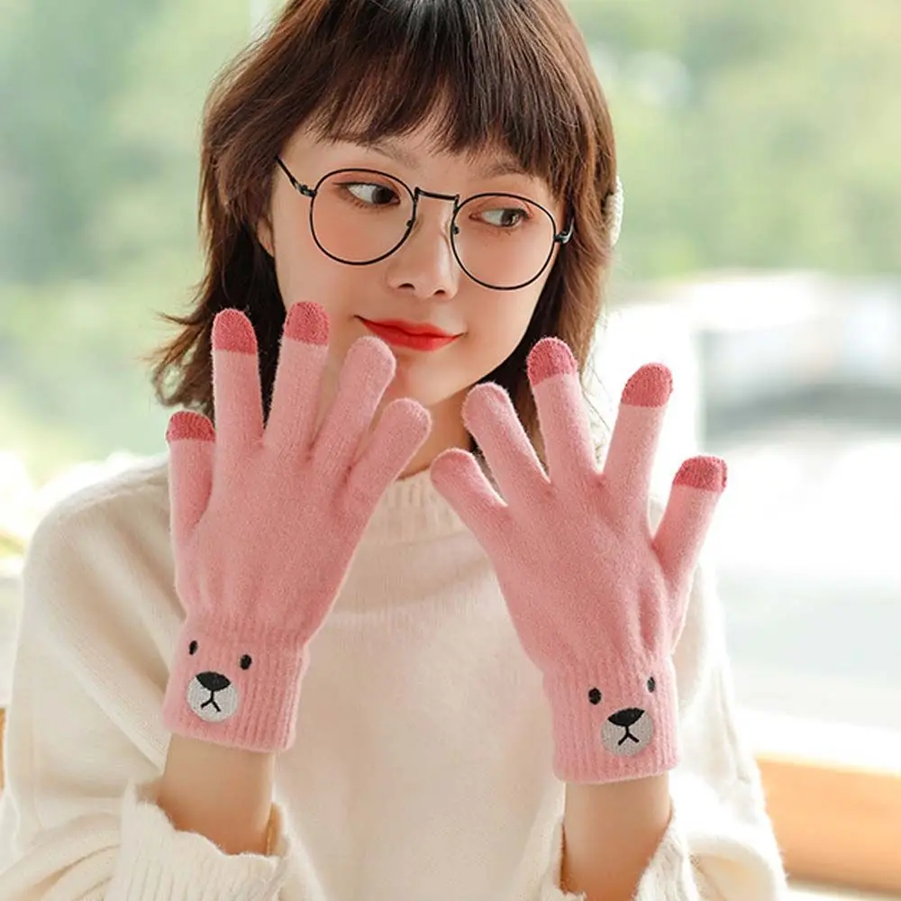 

Thick Simple Five-finger Bear Elastic Embroidery Driving Gloves Female Gloves Wool Mittens Touch Screen Gloves