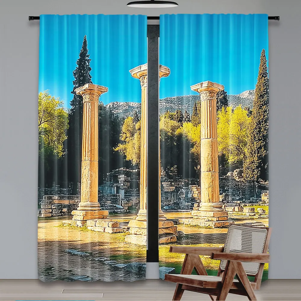 2Pcs Antique Greece Sanctuary Pillar Curtains Greece Arean Curtains Ancient Greece Place Historic Building View Curtains