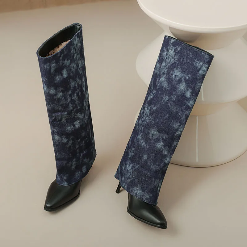 Kcenid Fashion Shoes Woman Autumn Winter Light Blue Women Knee High Boots Pointed Toe Thin High Heels Mixed Colors Long Boots