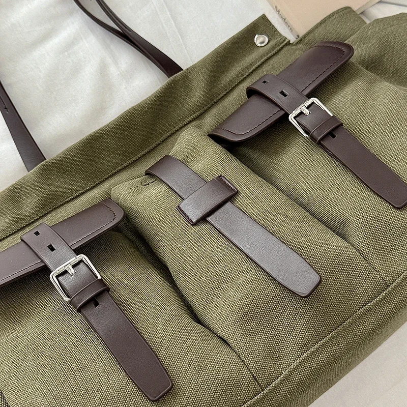 MOODS Women Retro Canvas Tote Bag Large Capacity Multi Pockets Shoulder Bag Casual Commuter Work Travel Laptop Shopper Handbags