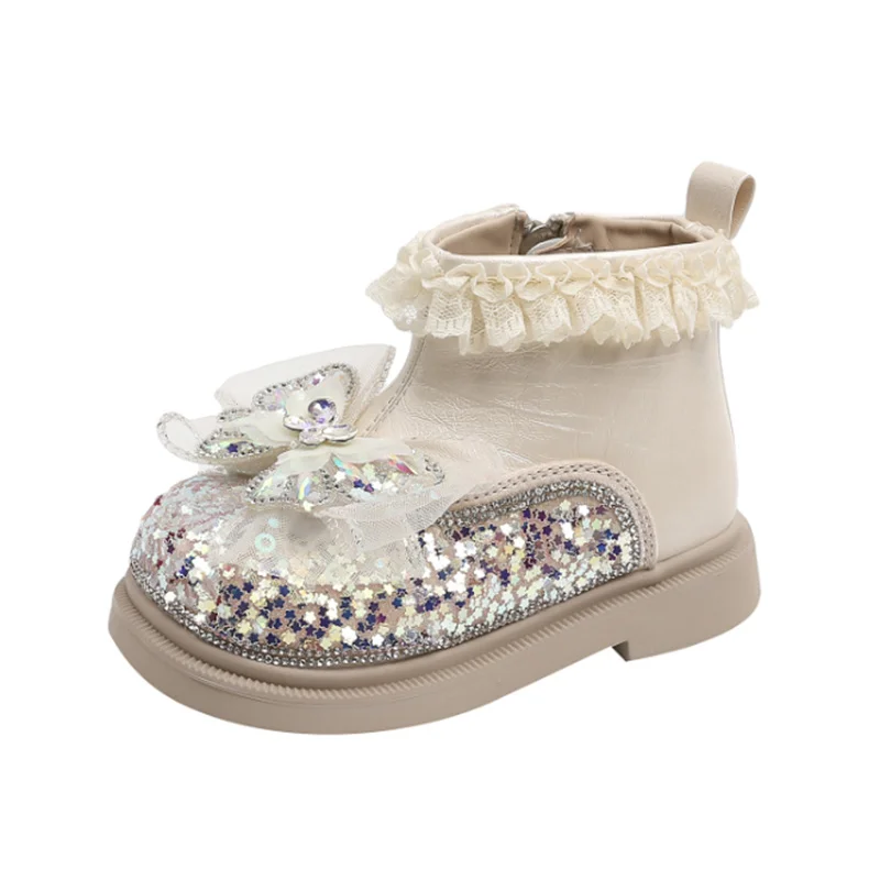 

Новинка 2023 года, осенние детские ботинки, кожаные блестящие туфли принцессы с узлом-бабочкой для девочек, модные детские ботинки на мягкой подошве для девочек