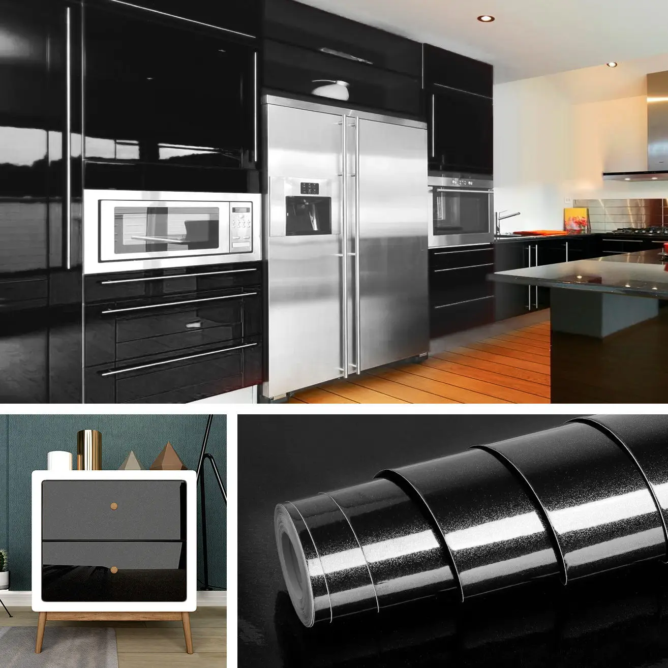 Shiny Black DIY Self Adhesive Kitchen Cabinets Wallpaper Waterproof Wall Stickers Vinyl Contact Paper Renovation Home Decor Film