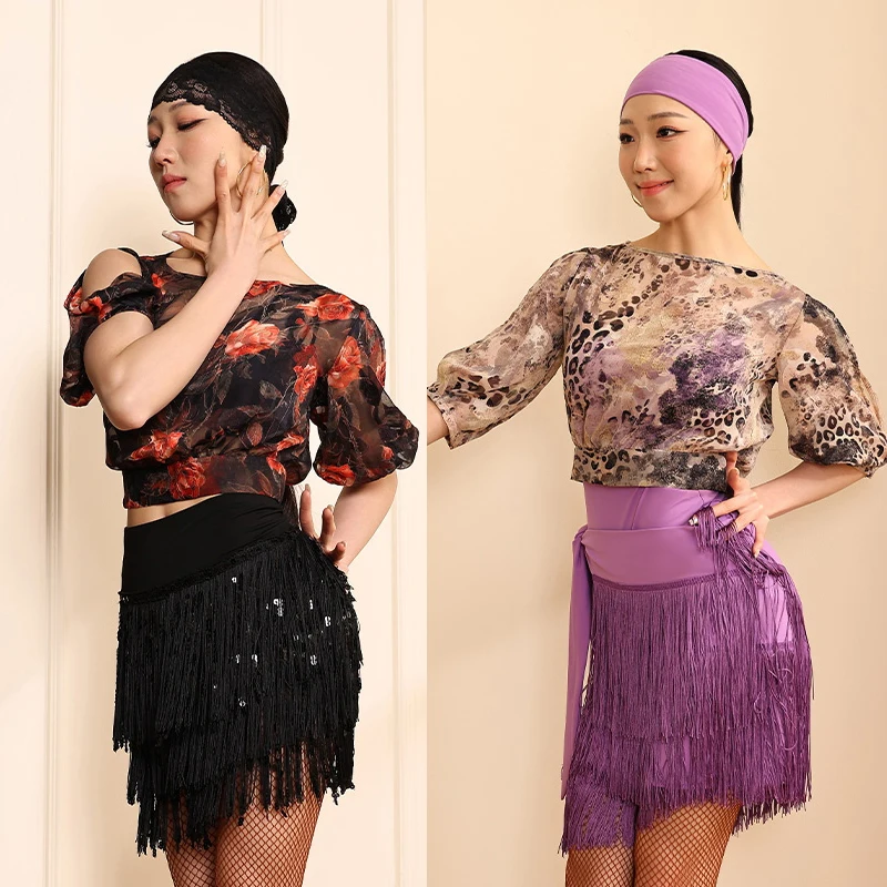 

2025 Latin Dance Clothes Adult Women Strap Short Tops Tassel Skirt Cha Cha Rumba Samba Salsa Dance Performance Clothing BL15609