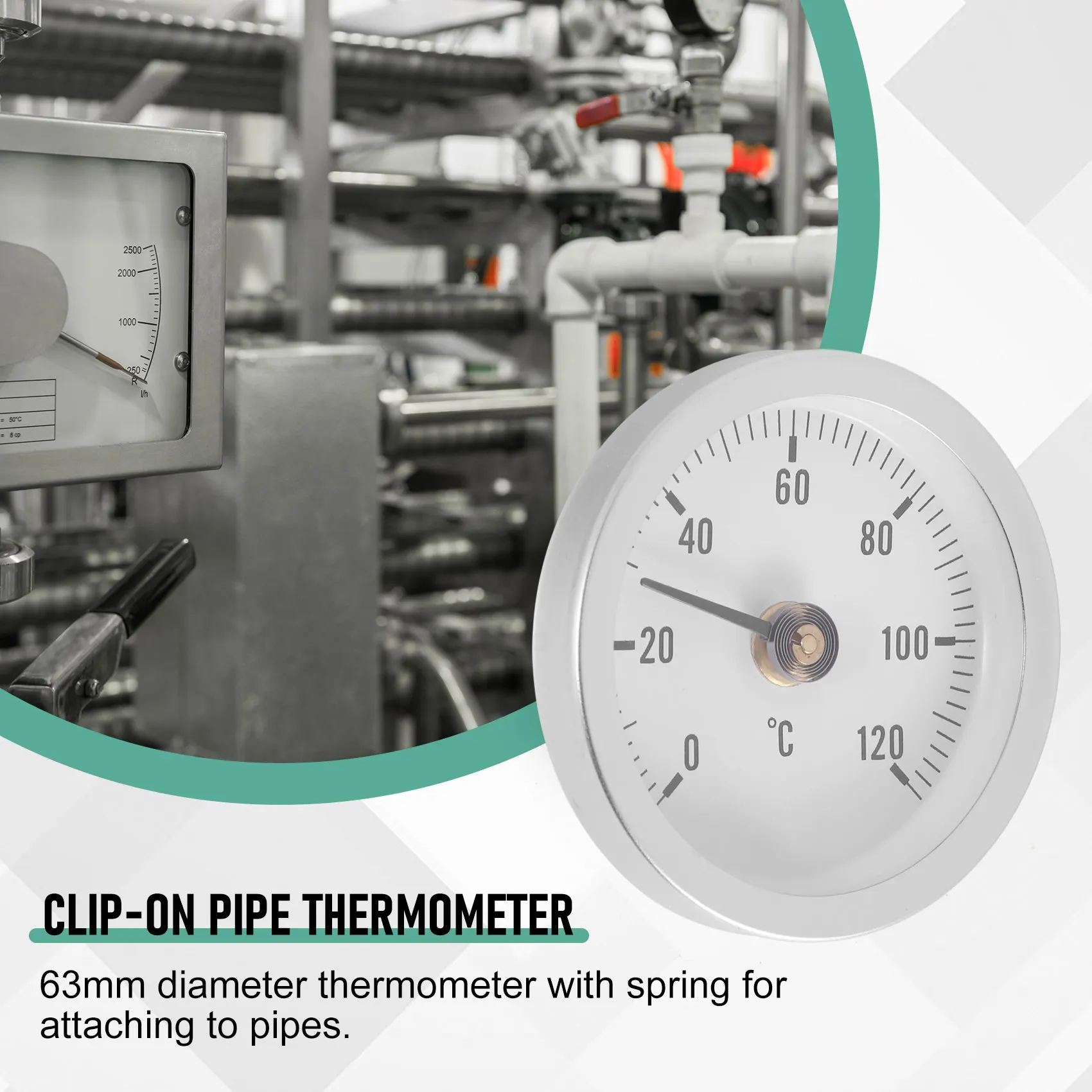 Termômetro de discagem com clipe redondo, medidor de temperatura com mola, calibre com caixa de alumínio, intervalo 0-120 ℃, tubo, 63mm, 5pcs conjunto