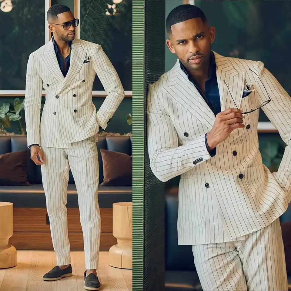 Casual Wedding Tuxedos Pinstripe Jacket Pants Peaked Lapel Groom Suit Classic Double Breasted Evening Party Outfits Customized