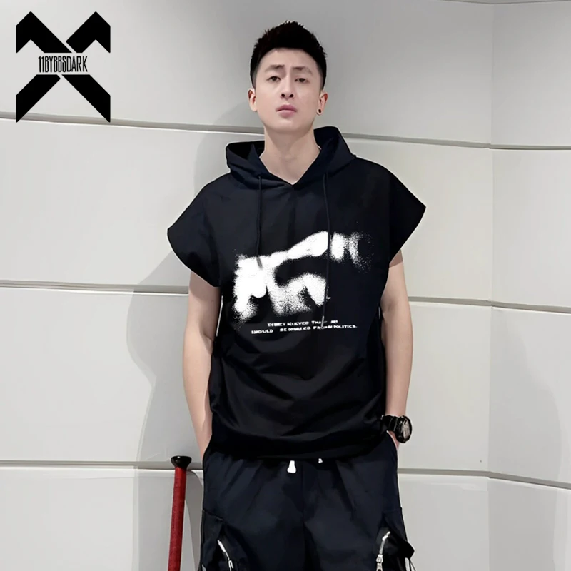 

Hip Hop Sleeveless T-Shirt Vest Men 2025 Summer Techwear Tactical Hood Tank Loose Men Tops Tees Shirt Cotton Black