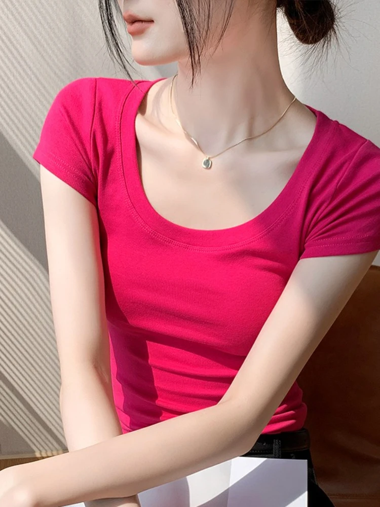 Kurzarm-Damen-T-Shirt aus Baumwolle für den Sommer, schmale Passform und schlankmachend, vielseitiges Taillendesign, vordere Schulter, U-Ausschnitt