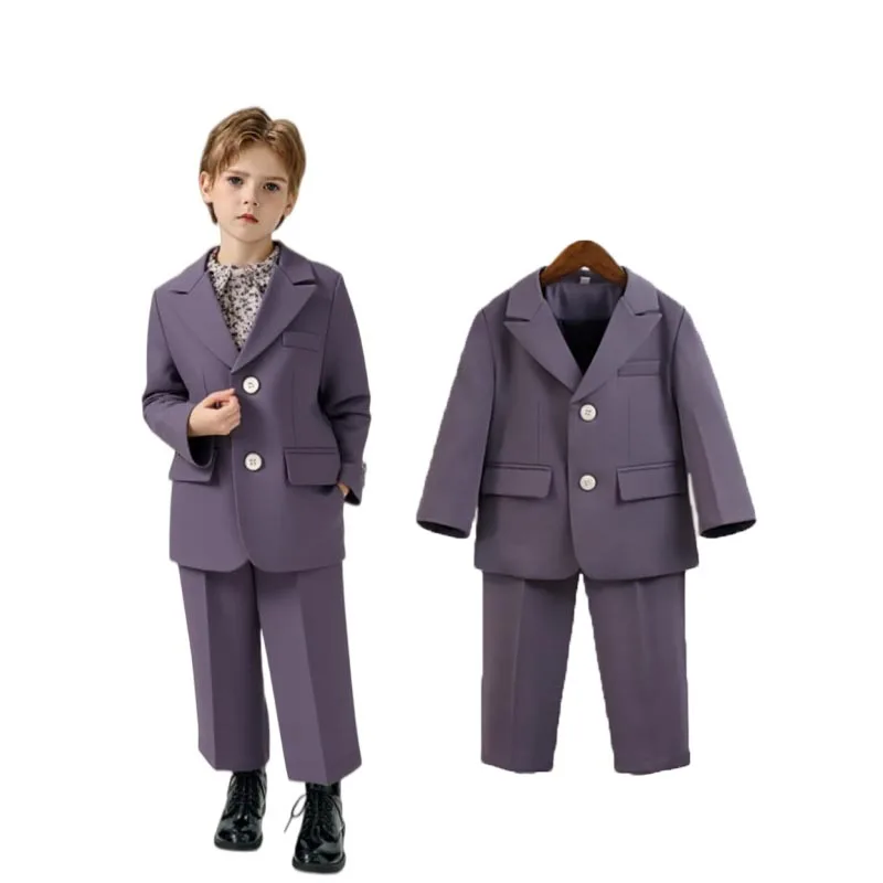 Little Boys Purple 3Pieces/Set Jacket Pants Nacklace Photography Suit Kids Wedding Birthday Party Dress Children Host Costume