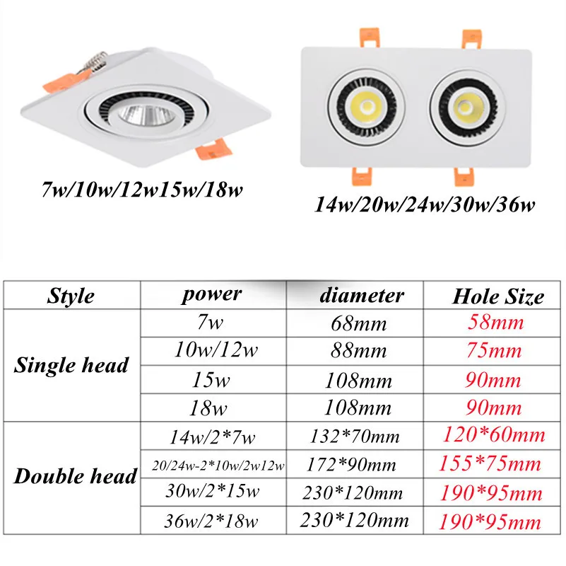 LED COB Oprawa wpuszczana typu Downlight Kwadrat 360 Kąt Obrotowa 14W 20W 30W Sufitowa lampa kuchenna do tła telewizora Sypialnia AC 220V