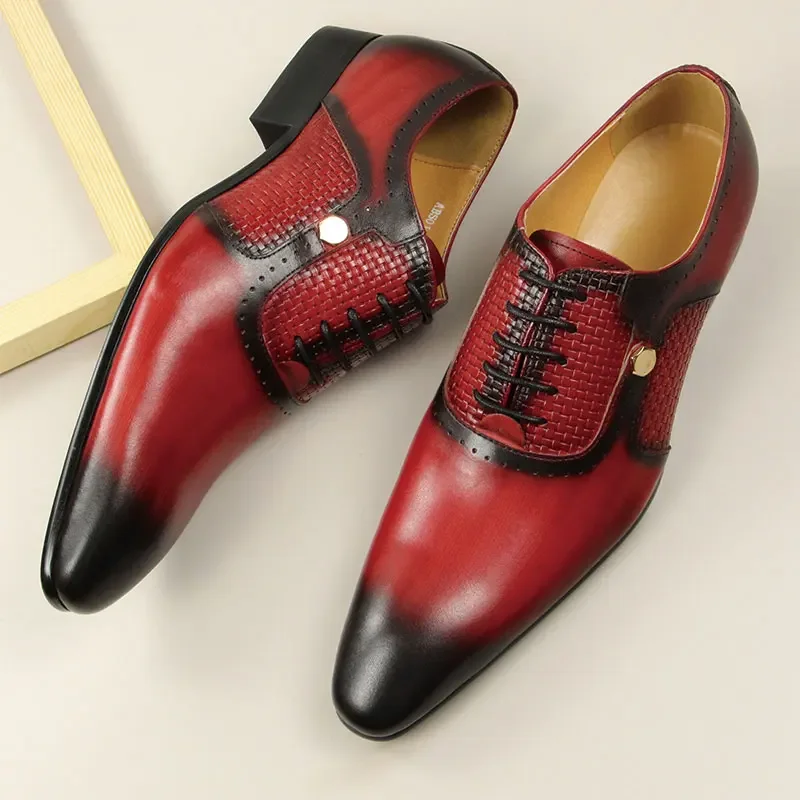 Men\'s New Business Leather Shoes Summer Lace-Up Fashion Red Black Hand Carved Wedding Anniversary Office Oxford Shoes Adult